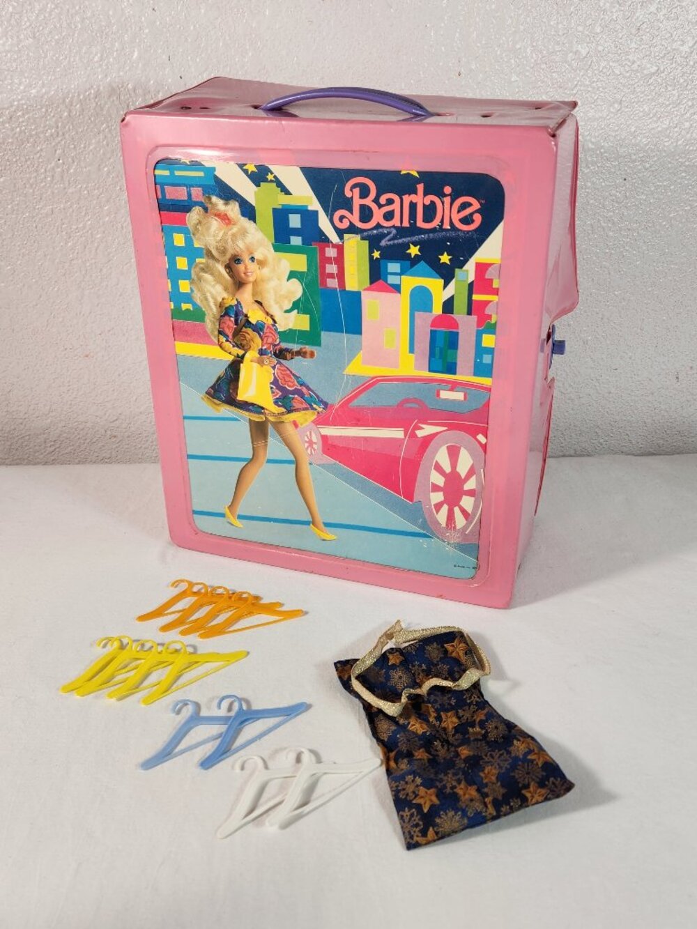 Vtg Mattel Barbie Pink Carrying Case Vinyl 1989 Doll Fashion + Hangers READ Desc